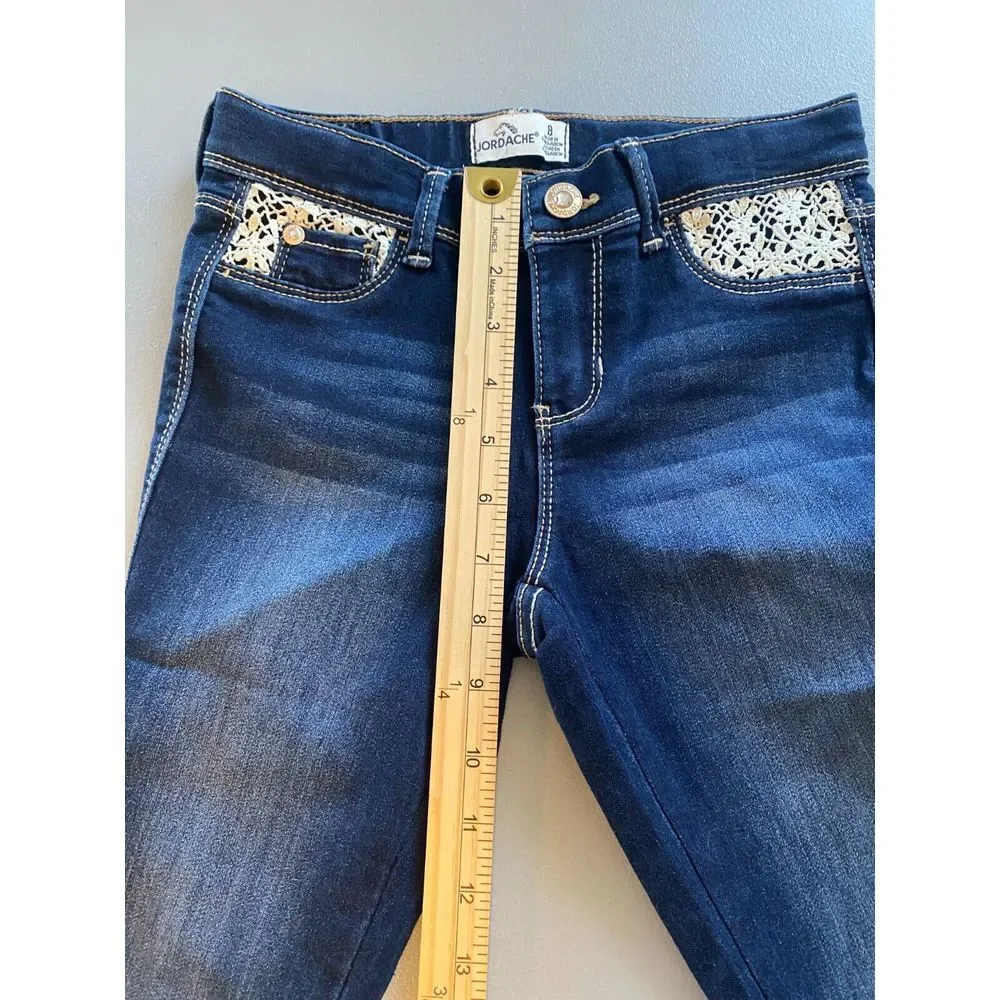 Jordache Cropped Jeans Girls 8 Blue Denim Cotton Lace Frayed Hem Pockets Zip-Fly